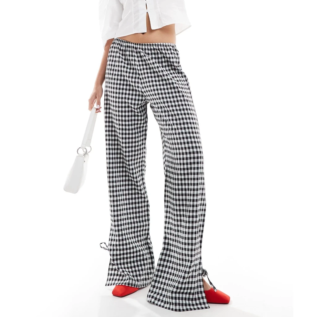 

Combhasaki Women's Y2K Vintage Elastic Waist Wide Leg Plaid Long Pants Side Split Bow Knot Tied Loose Chic Trousers Streetwear