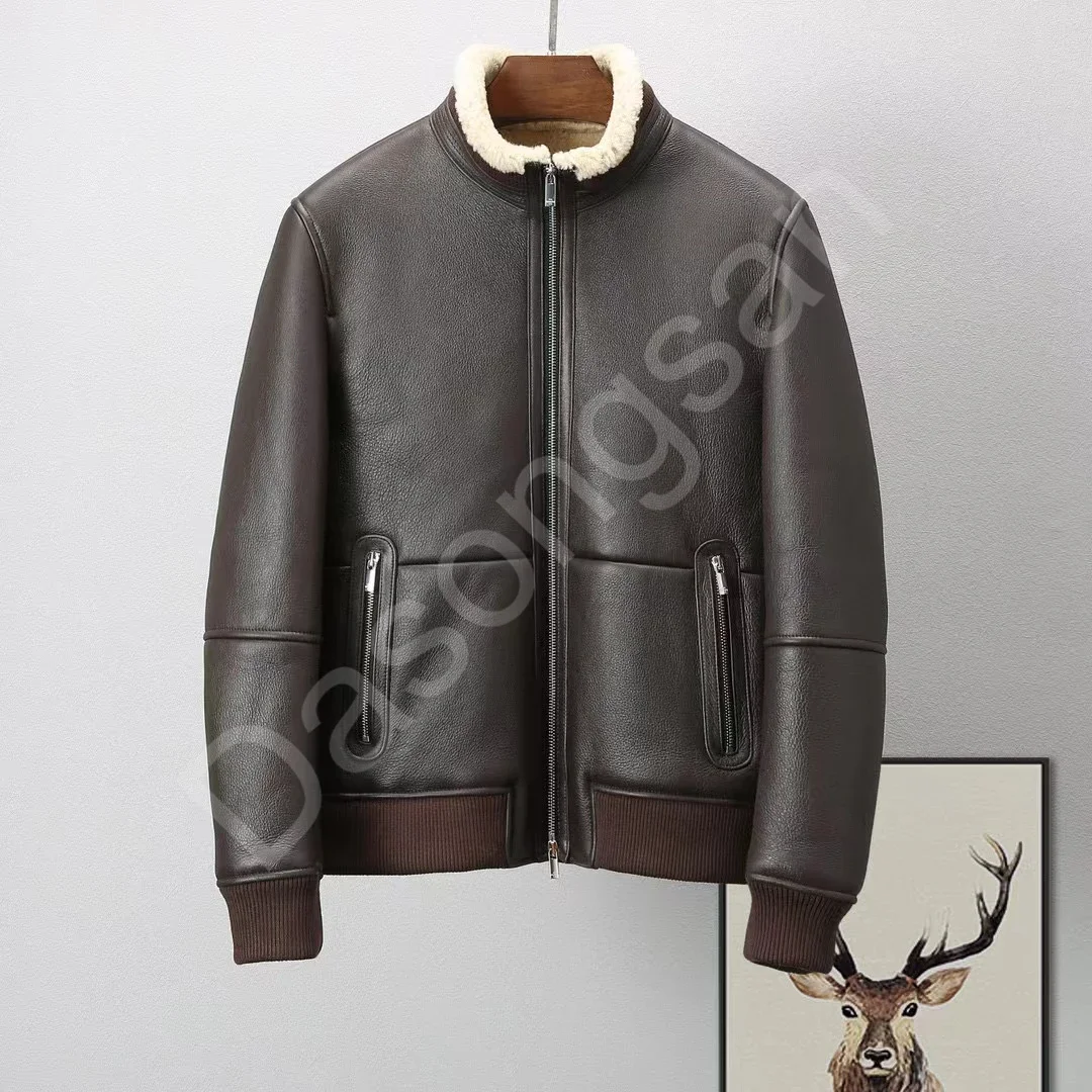 2022Hot Sale Long Sleeve Pu Leather Men's Jackets & Coats New Design Winter Combined Fabric Zipper Lamb Leather Biker Jackets