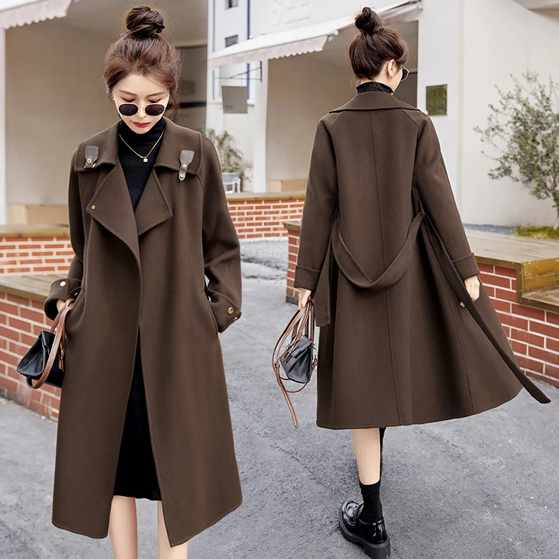 2026 Streetwear Double-sided Wool Blends Coat Women Long Overcoat Autumn Winter Sashes Accept-waist Woolen Outerwear Casual Tops