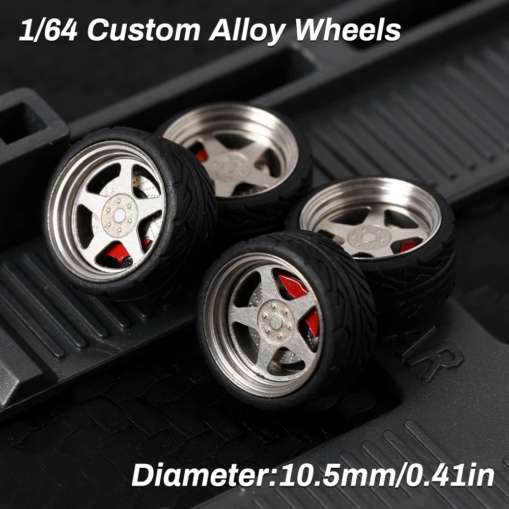 

Kicarmod 1/64 Alloy Model Wheels Rims with Rubber Tires 4Pcs Replacement Set for Tomica Hot Wheels Matchbox Model Cars