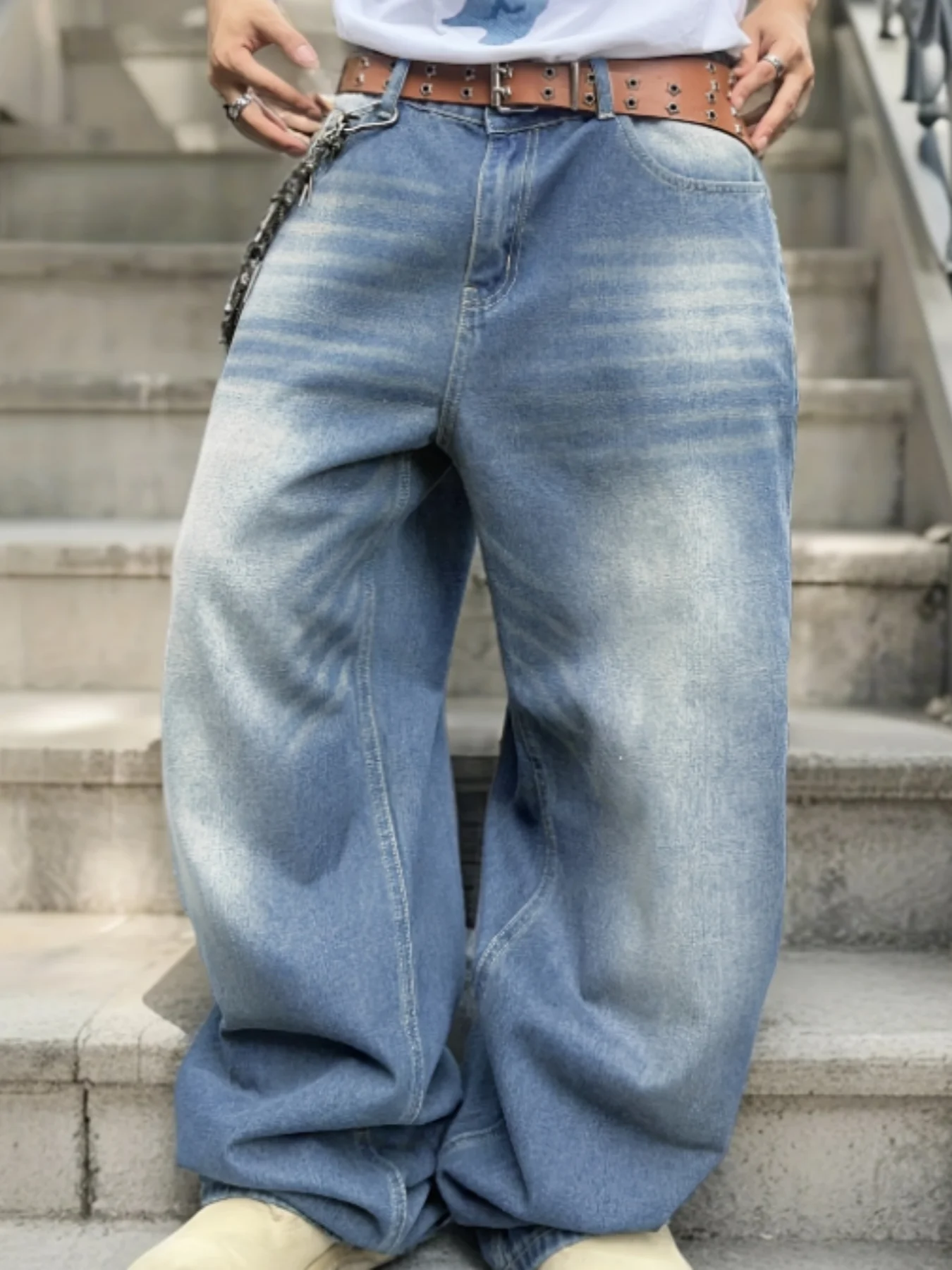 

Streetwear Brand Washed Design Denim Jeans, Loose Floor-Length Wide Leg Long Pants