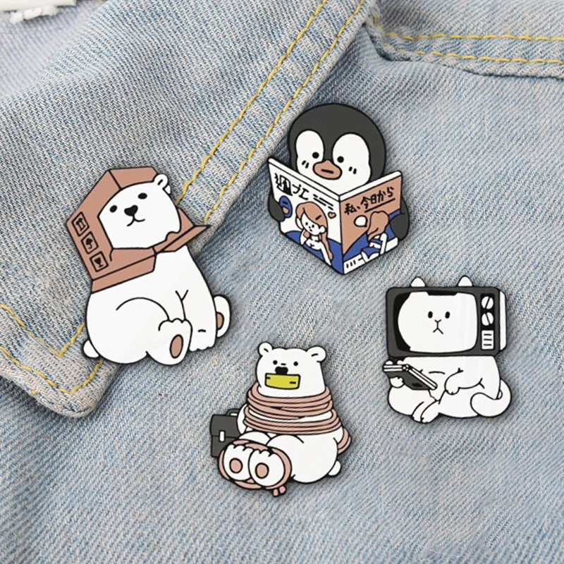 Reading Magazine Cat TV Pins Poor Kidnapped Bears Badge Denim Lapel Jewelry Recyclable Polar Bear  Pines Enamel Cartoon Penguin