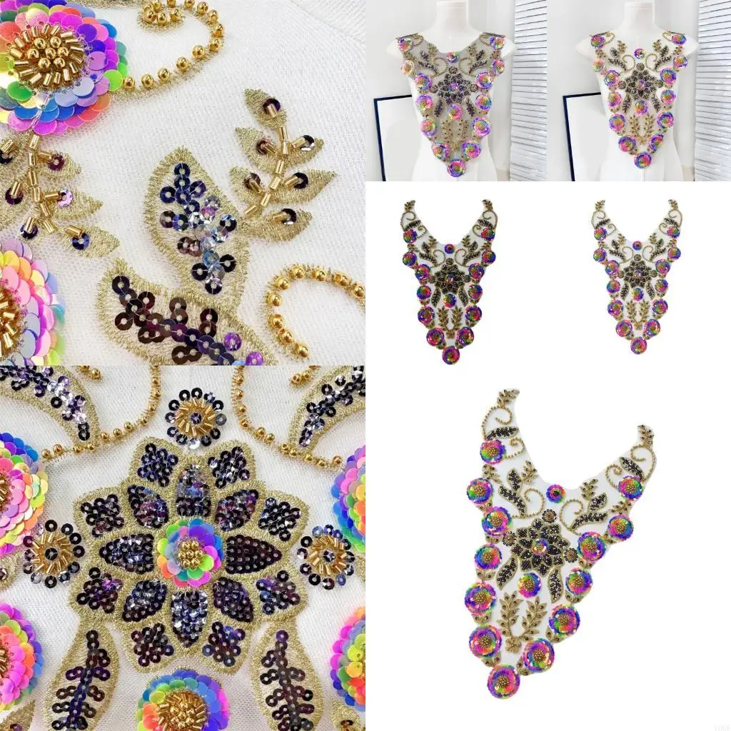 Embroidery Sequins Beads Applique Sewing on Beaded Collar Patches Wedding Dress Applique For Evening Gown Bridals Dress Y08E