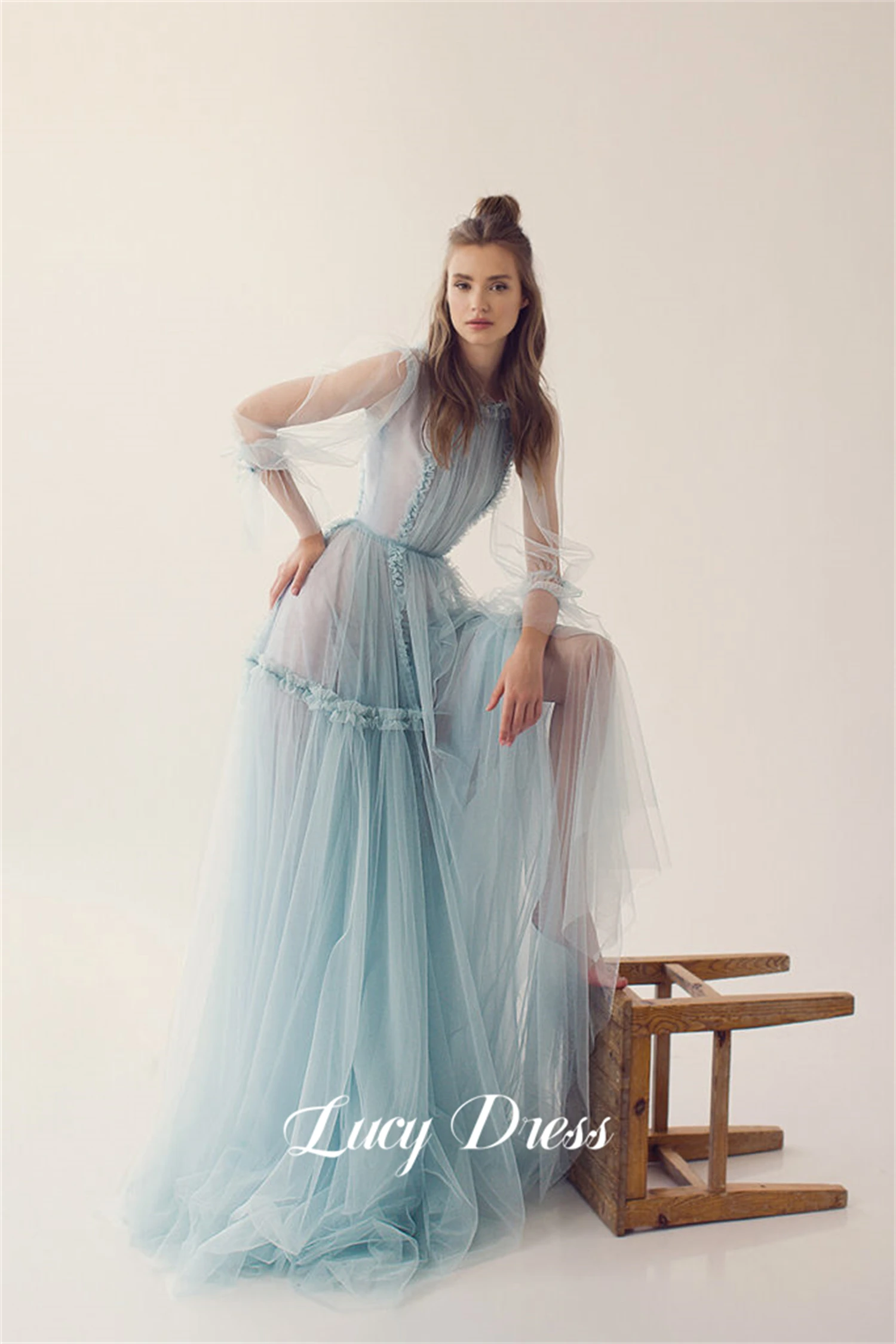 Lucy Graduation Gown Line A Evening Dress Round Neck Sky Blue Party Long Sleeves Weddings Dresses Robe Soiree De Luxe 2024