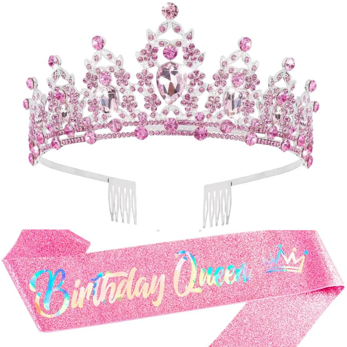 Barocke Strass-Geburtstagskönigin-Schärpe mit Krone und Tiara für Frauen und Mädchen, Stirnbänder, Schärpe mit Anstecknadel, Happy Birthday Party – Detail 6