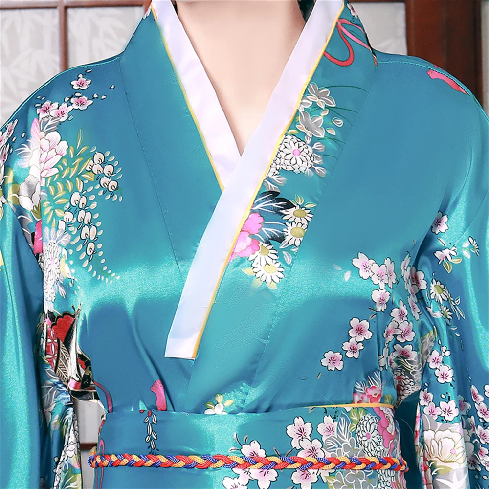 Traditional Japanese Satin Kimono Bathrobe With Obi Women Floral Print Nightgown Yukata Novelty Gown Bridal Homewear Sleepwear