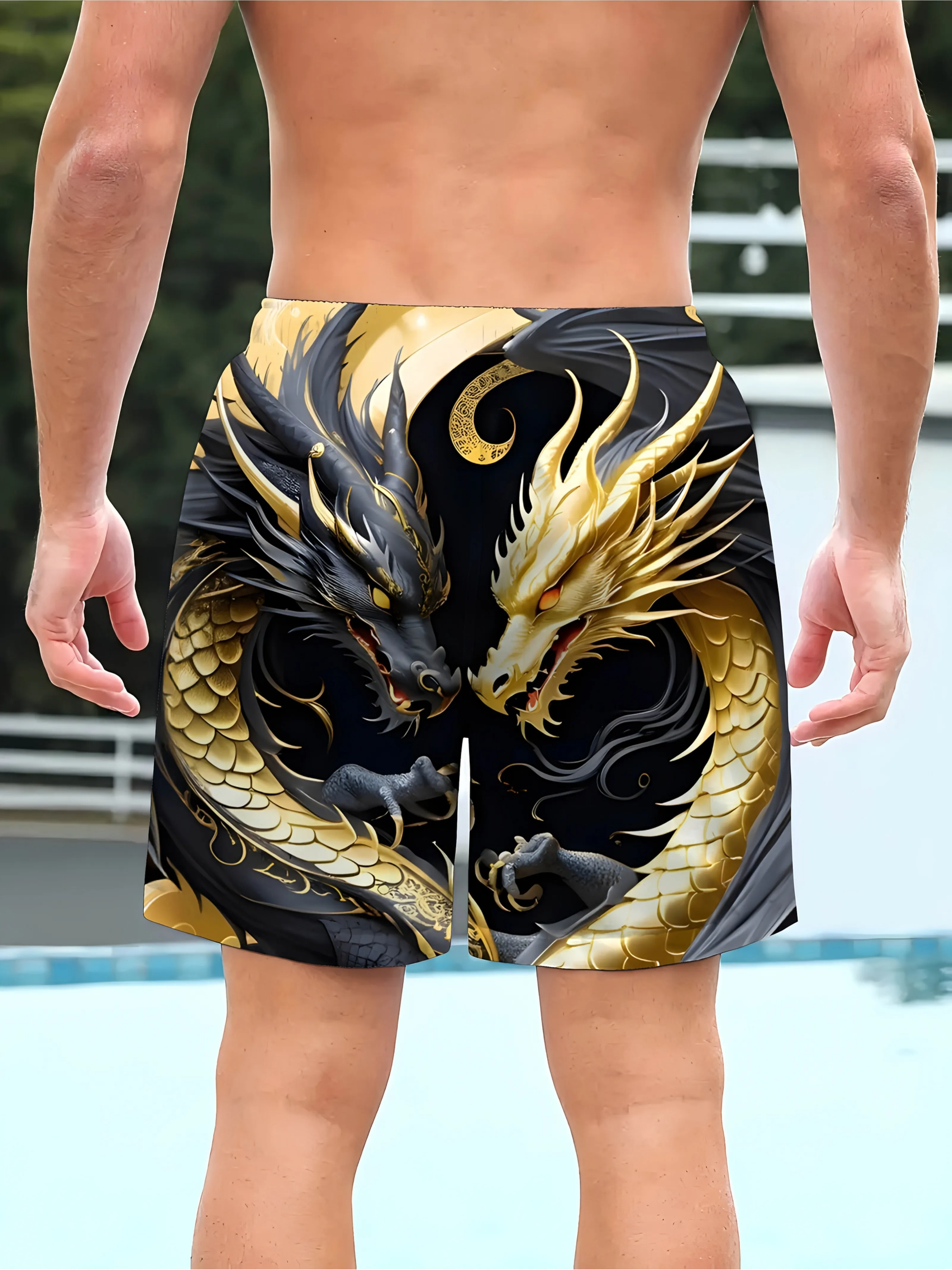 Summer New Men's Casual Shorts with Cool Dragon 3D Pattern Print, Beach Casual Shorts with Breathability for Outdoor Activities