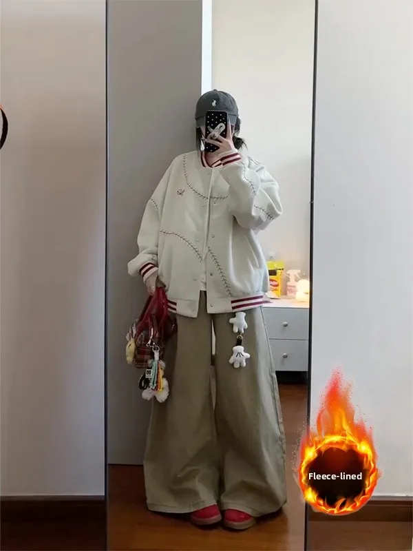 

Американские ретро-джинсы цвета хаки, рабочая одежда, с утепленной подкладкой, прямые широкие штанины, женские, весенние, свободного кроя, с высокой талией, из денима