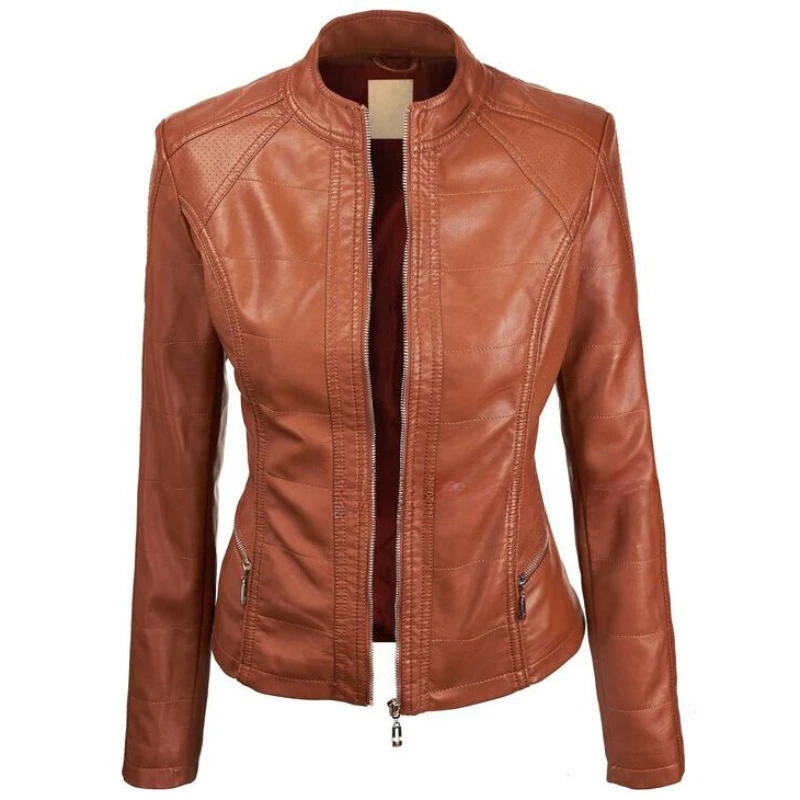 

Women's Genuine Lambskin Real Leather Jacket Tan Handmade Outwear Zip Coat