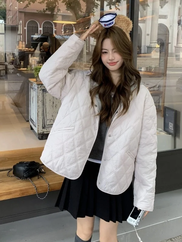 

Korean Sle Winter Diamond Pattern Detachable Cap Sweatirt Cotton Jaet Women Loose Faion Design Outerwear Coat