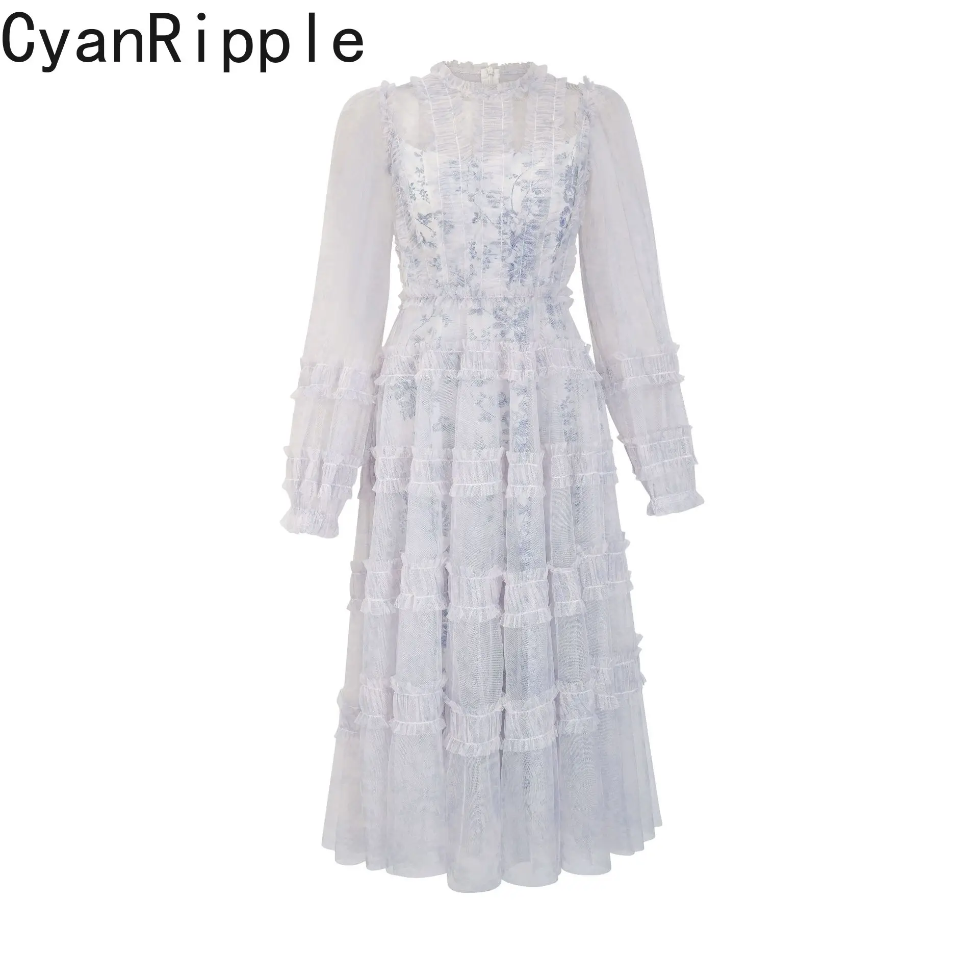 High Quality New Spring Autumn Long Sleeve Bridesmaid Dress Elegant Round Neck Perspective Mesh Ruffles A-line Long Fairy Dress
