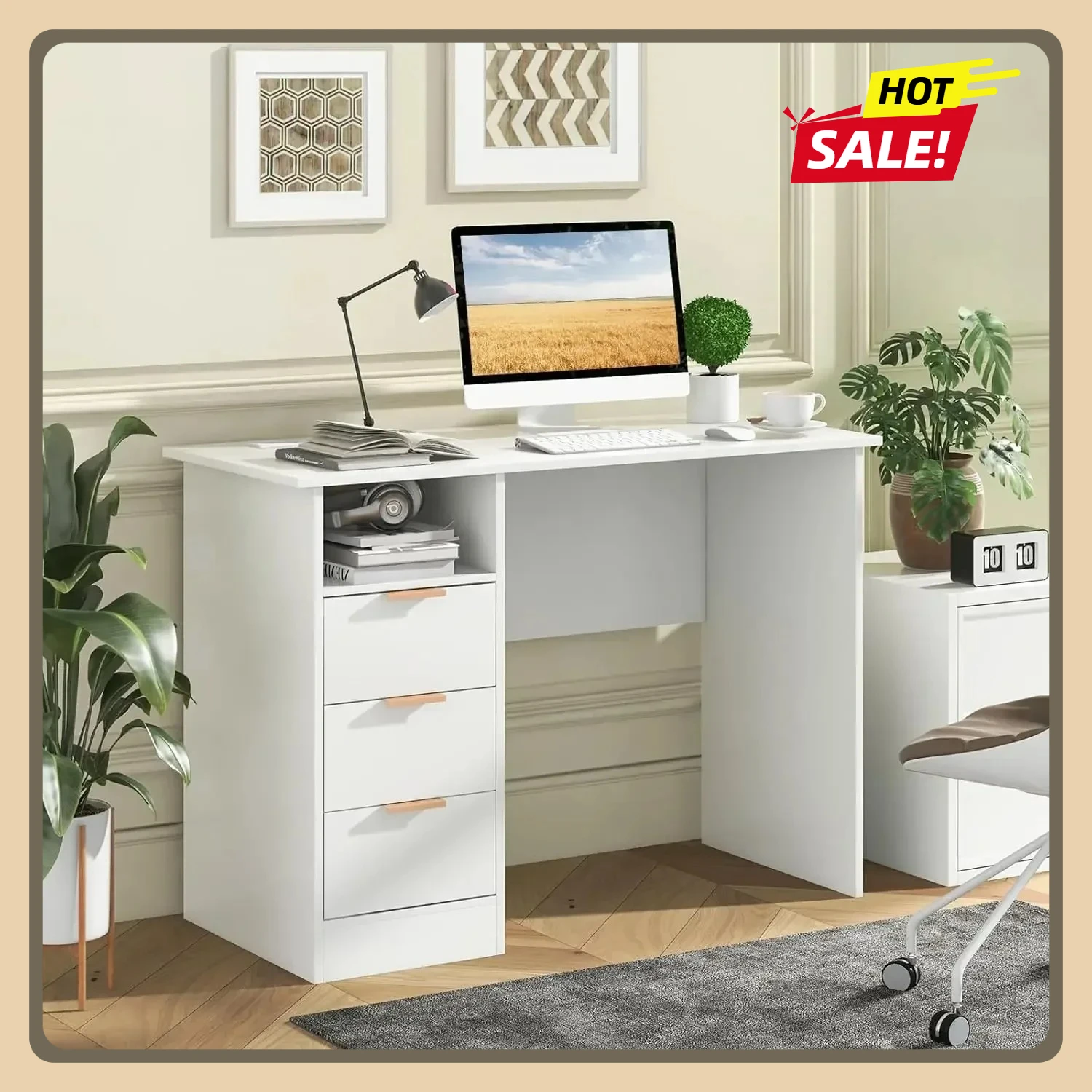 

White Desk, Home Office Desk with 3 Drawers & Built-in Charge Station with Open Storage Shelf (White)