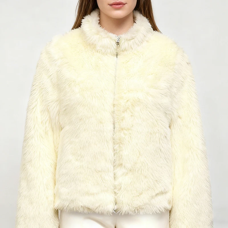 

Winter Warm Faux Fur Coats Women Stand Collar Long Sleeve Zipper Beige Color Jackets Plush Fluffy High Street Female Outwear