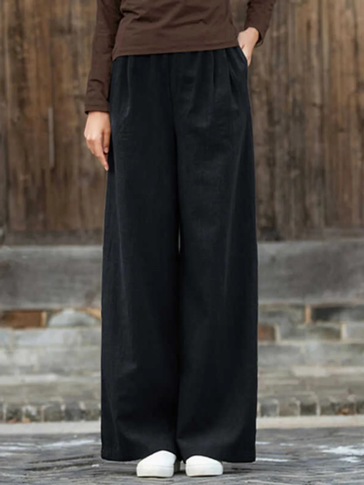 Pantaloni di lino in cotone a gamba larga a vita alta Pantaloni lunghi larghi da mamma con taglio dritto artistico da donna Primavera Autunno taglie forti