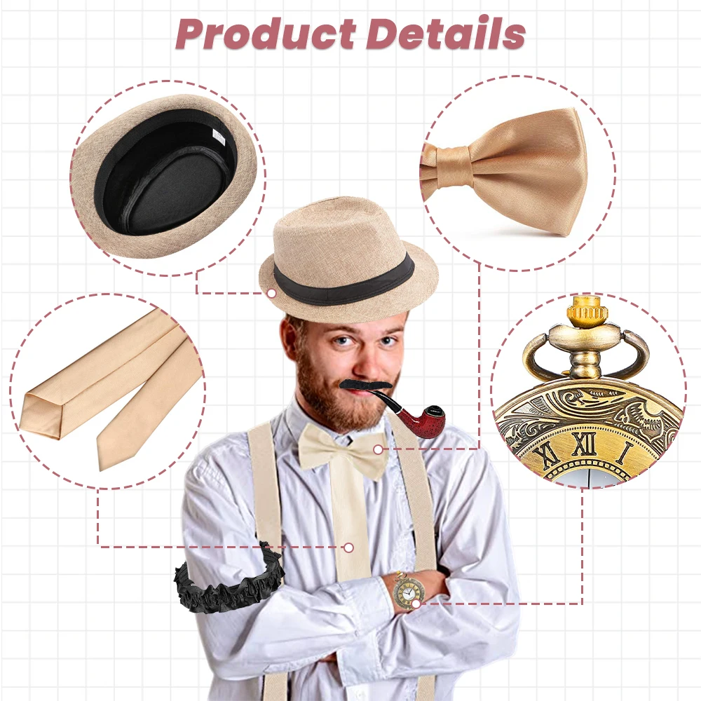 1920s Aksesori kostum pria Set untuk dewasa, berkobar Retro 20s Gatsby Gangster pakaian kostum dengan rompi topi Fedora