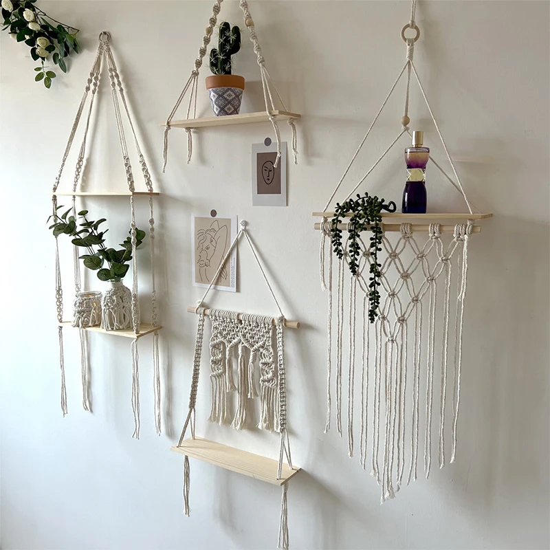 Tapestry Storage Rack Wall Hanging Shelf Tassel Wood Decor Woven Wall Hanging Board Shelves Home Bedroom Living Room Cake Stand