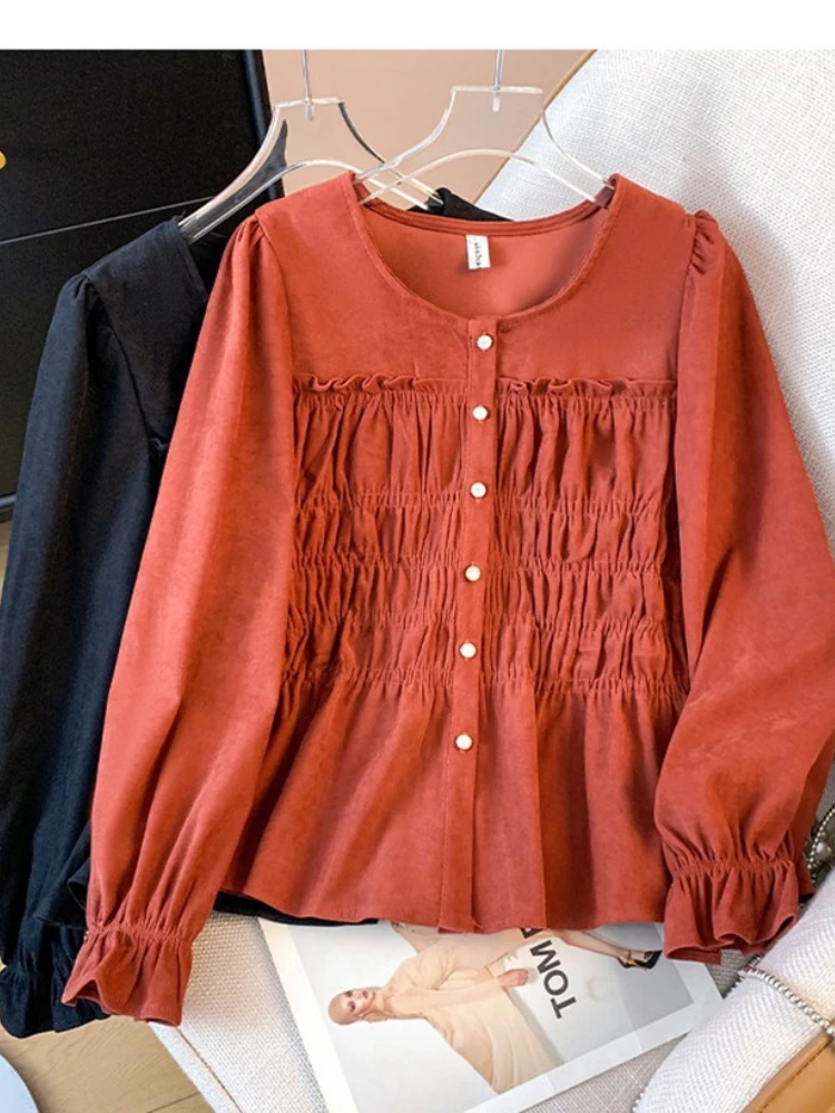 

Женская модная дизайнерская блузка с круглым вырезом, весенняя утягивающая элегантная офисная повседневная однотонная рубашка на пуговицах высокого класса