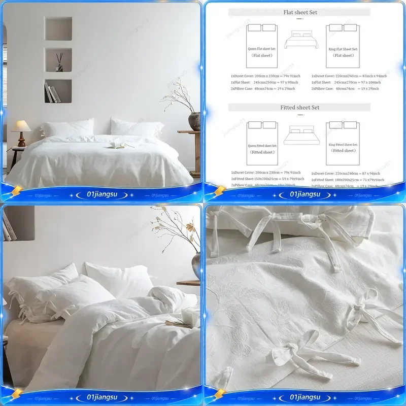 4Pcs Pure Cotton Yarn Dyed 3 Layer Soft Skin Friendly Bow Bedding Set Duvet Cover Fitted Sheet Pillowcases Home Textile