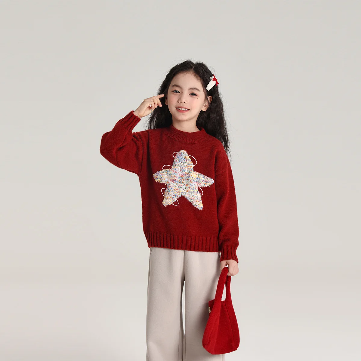 Girls Sweater Foreign Style 2024 Fall Winter New Children Five-pointed Star Crew Neck Sweater Girl Baby Sweater Clothes Top