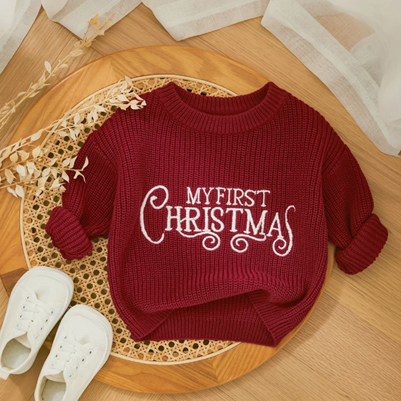 My First Christmas Baby Girls Clothes Newborn Knitted Sweater Kid Winter Warm Casual Jumper Long Sleeve Letter Pullover Knitwear