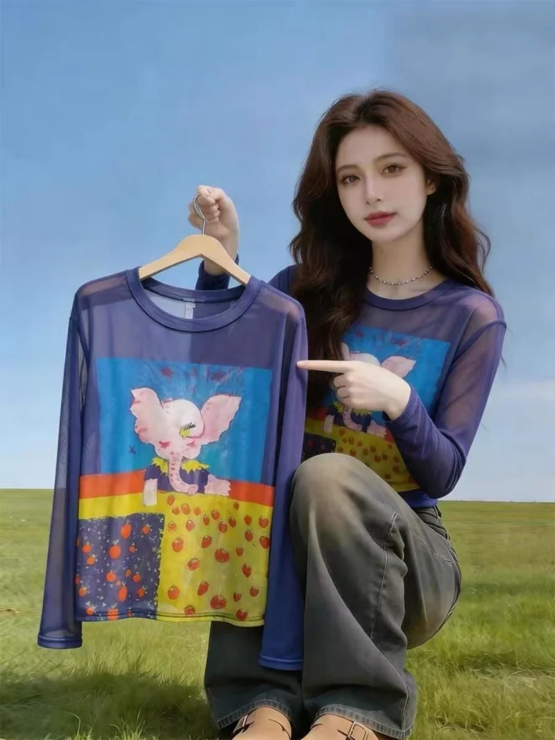 

Korean Style Long Sleeve Mesh T-Shirt Women's Summer New Fashion Thin Micro Translucent Top Self-Retention Recommended Cartoo...