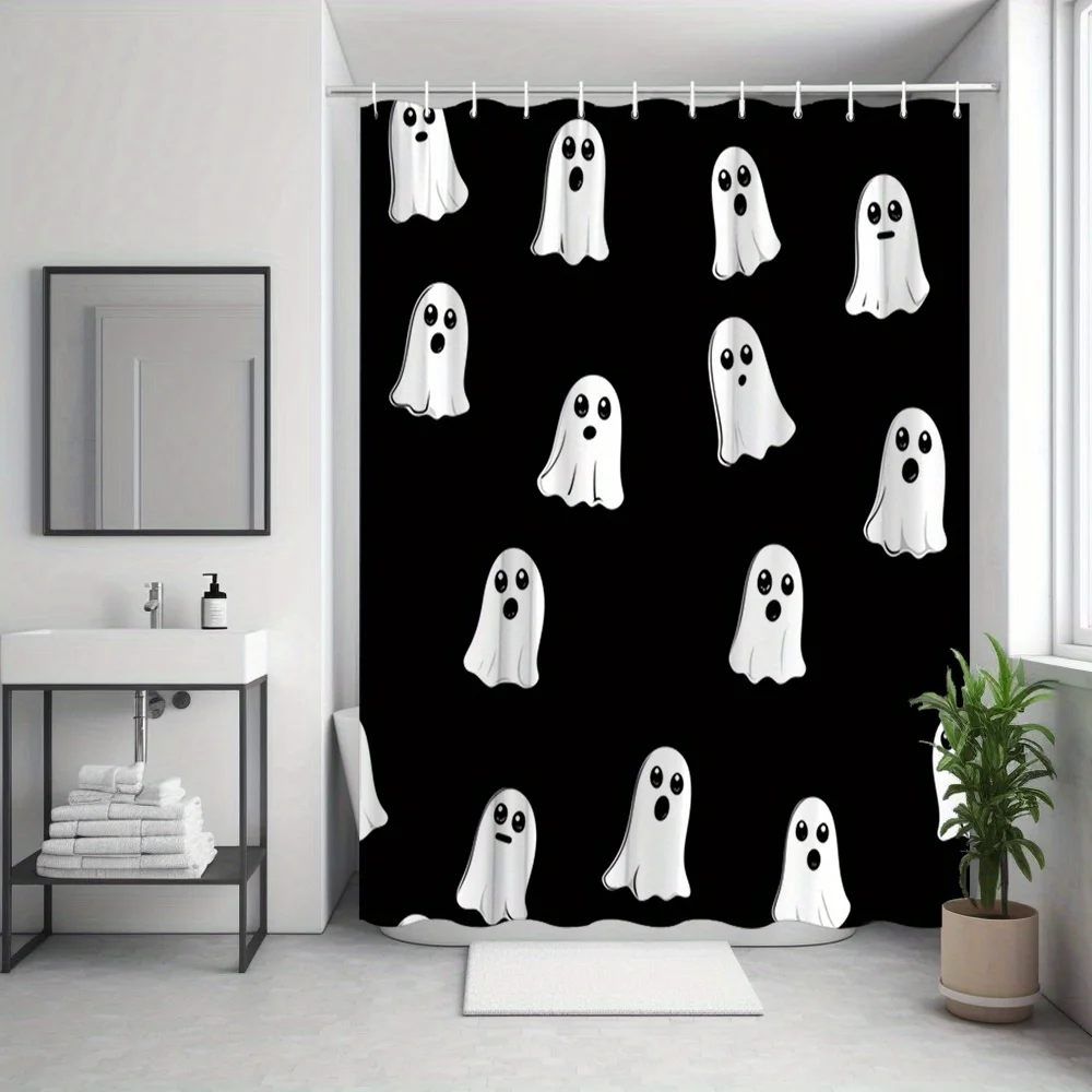 Halloween Cartoon Shower Curtain High Quality Polyester Bathroom Decor with Playful White Ghosts on Black Background