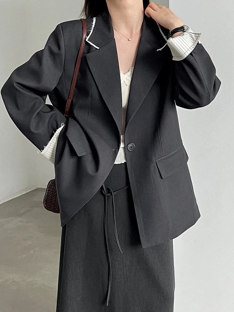 Women Black Striped Cuff Burr Elegant Big Size Blazer New Lapel Long Sleeve Jacket Fashion Tide Spring Autumn