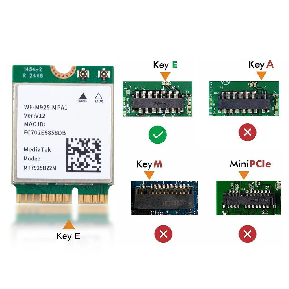 بطاقة WiFi 7 MT7925 اللاسلكية WiFi BT5.3 802.11AX M.2 Key E 5400Mbps NGFF محول إيثرنت 2.4G/ 5G/6Ghz لـ win11