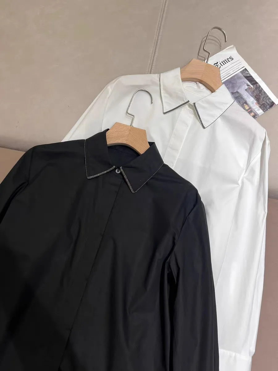 Blusa com contas femininas, branca ou preta, gola virada para baixo, manga comprida, peito único, 100% algodão, camisa elegante, outono, 2024