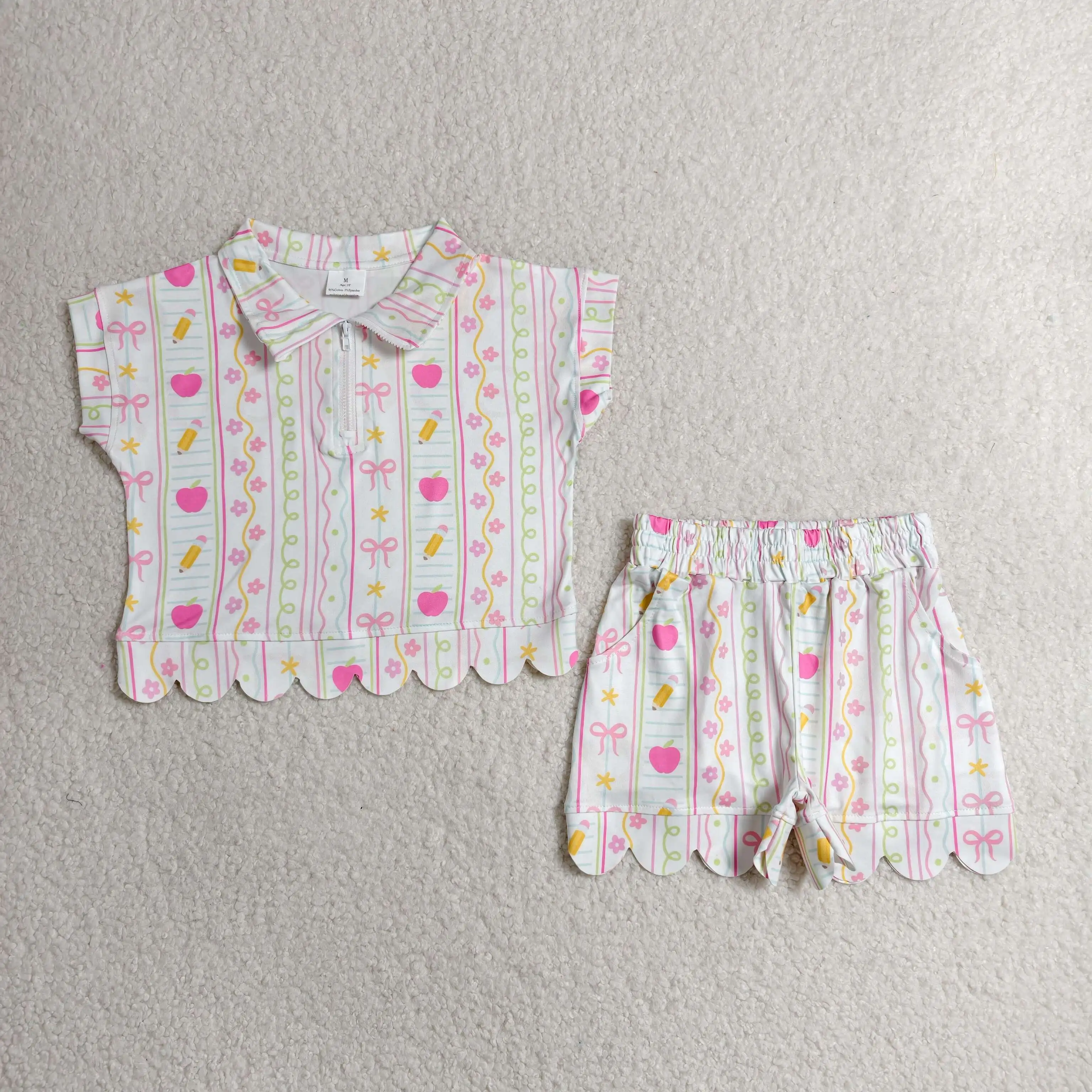 Wholesale Children Back to School Toddler Kids Sets Baby Girl Short Sleeves Bows Zipper Tunic Scalloped Shorts Outfits Clothing