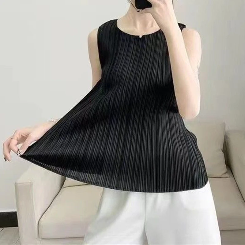 

2023 Summer New High end Pleated Large Relaxed Sleeveless T-shirt shirts for women crop top t shirts