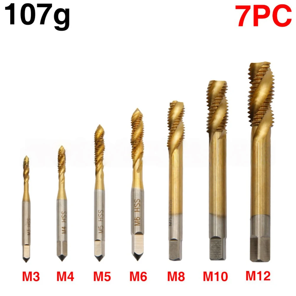 

Fixinus Titanium Coated HSS Spiral Tap Set 7 Pieces with Spiral Groove Threads for Efficient Drilling Tapping and Deburring