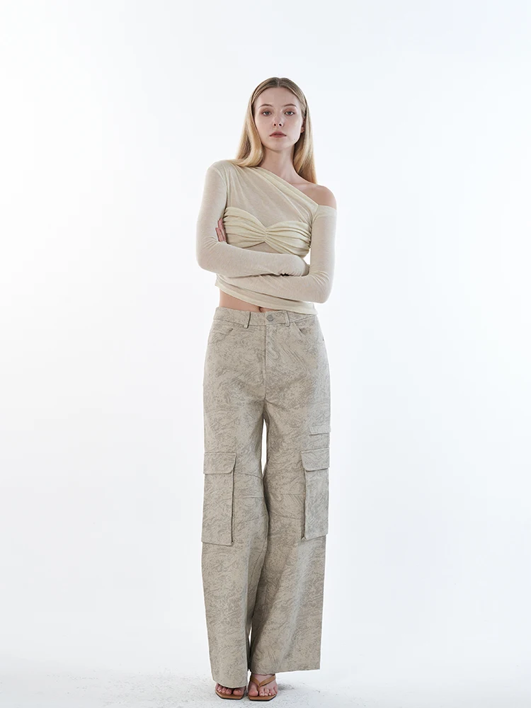 High Waist Straight Leg Workwear Trousers Multi kets 3D Vintage Design Rice White Pattern ROLLINGAGE Faionable Ladies Pants