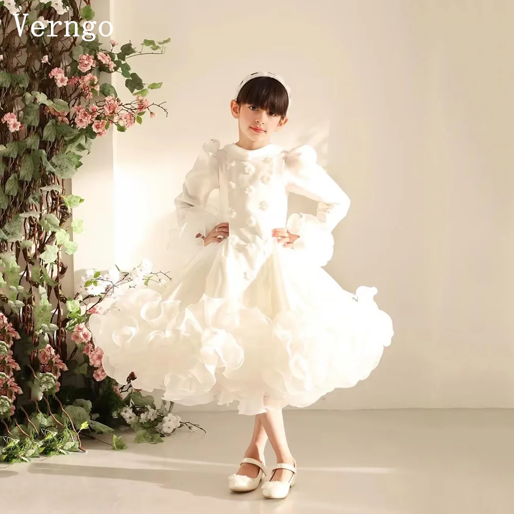 

Verngo lvory Organza Girl Birthday Party Dress O Neck Full Sleeves A Line Appliques Pleated Kid Flowers Dress Customized