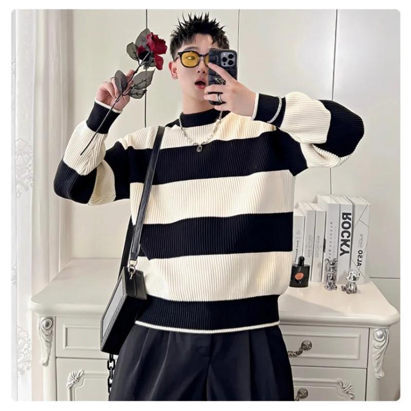 Men's Round Neck Long Sleeve Pullover Contrasting Color Threaded Sweater Knitted Casual Fashion Top