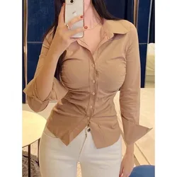 Spring Autumn New Solid Color Turn-down Collar Button Versatile Long Sleeve Fashion Slim Waist Wrinkled Shirt Women's Tops