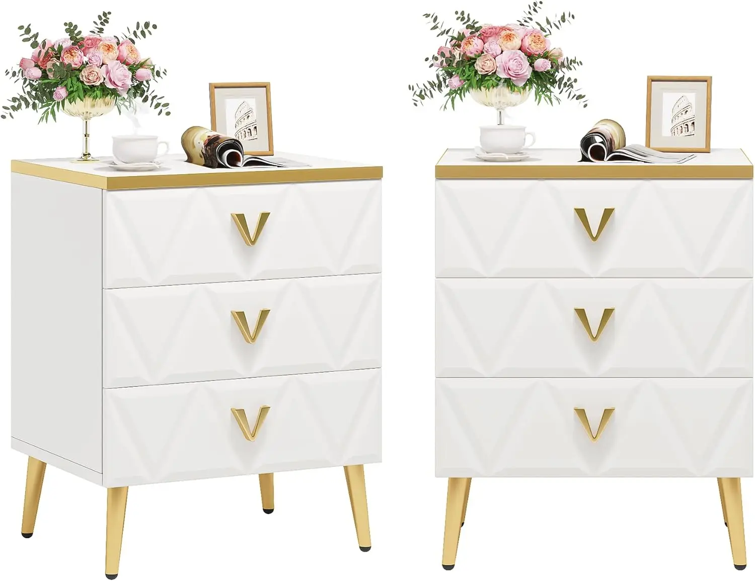 3-Drawer Nightstand Set of 2, Luxury Bedside Table End Table with Storage Drawers and Golden Legs, Modern