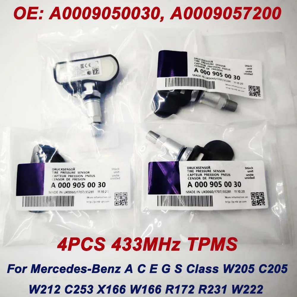 4Pcs 433MHZ TPMS Tire Pressure Sensor For Benzz A C E G S Class W205 C205 W212 C253 X166 W166 A0009050030 A0009057200 0009050030