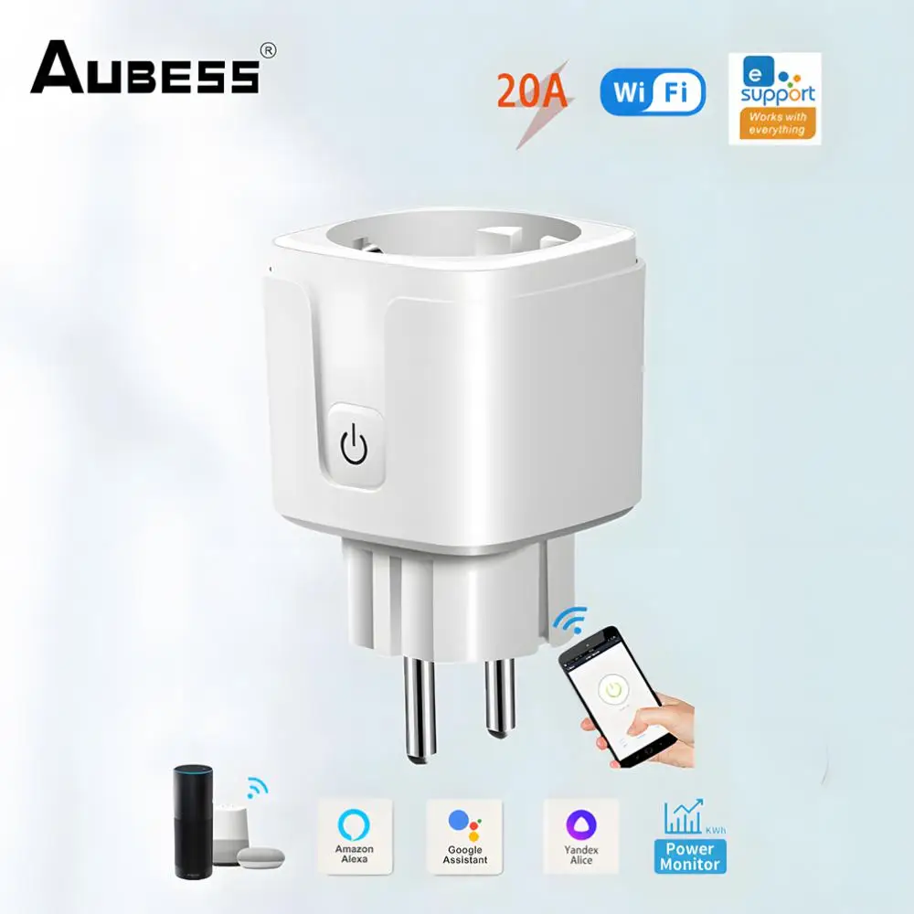 Aubess-enchufe inteligente EWelink con WiFi, enchufe de la UE con función de sincronización de monitoreo de energía, salida compatible con Alexa,