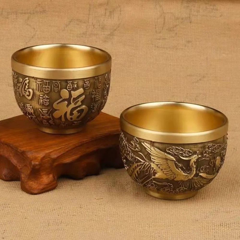 Vintage Retro Dragon Phoenix Cup Gold Traditional Hundred Blessings Cup Feng Shui Desktop Ornament Millet Cylinder Home Decor