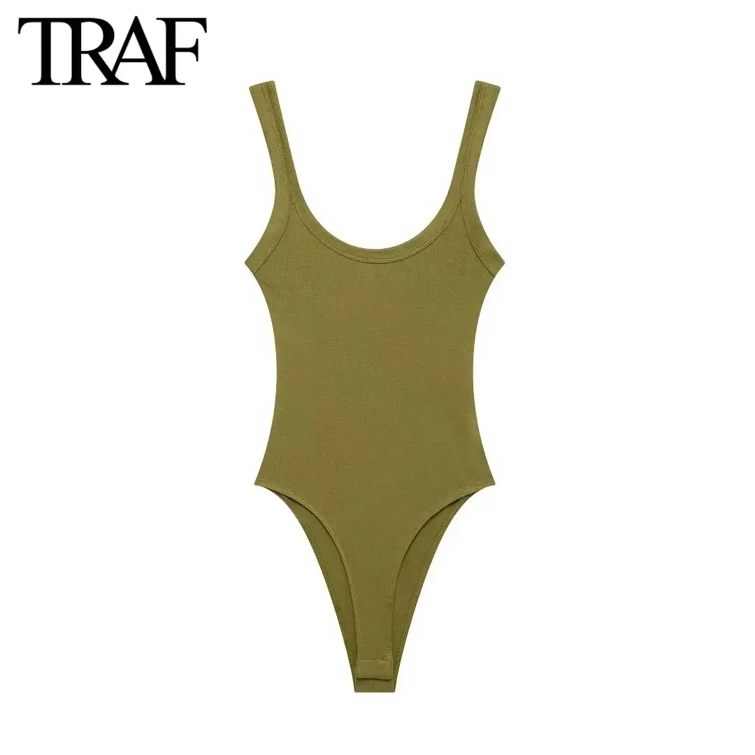 TRAF Women Fashion Summer New White Solid Color Ribbed Sling Round Neck Sexy Tights Jumpsuit Chic Female Bustier Tops Mujer