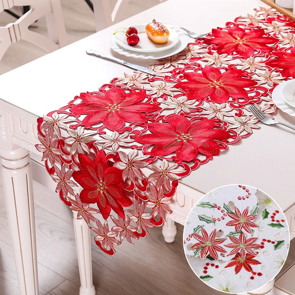 

New Christmas Embroidery Christmas Flowers Tablecloth Cutout Tablecloth Placemats Table Runners Christmas Decorations 3 Styles