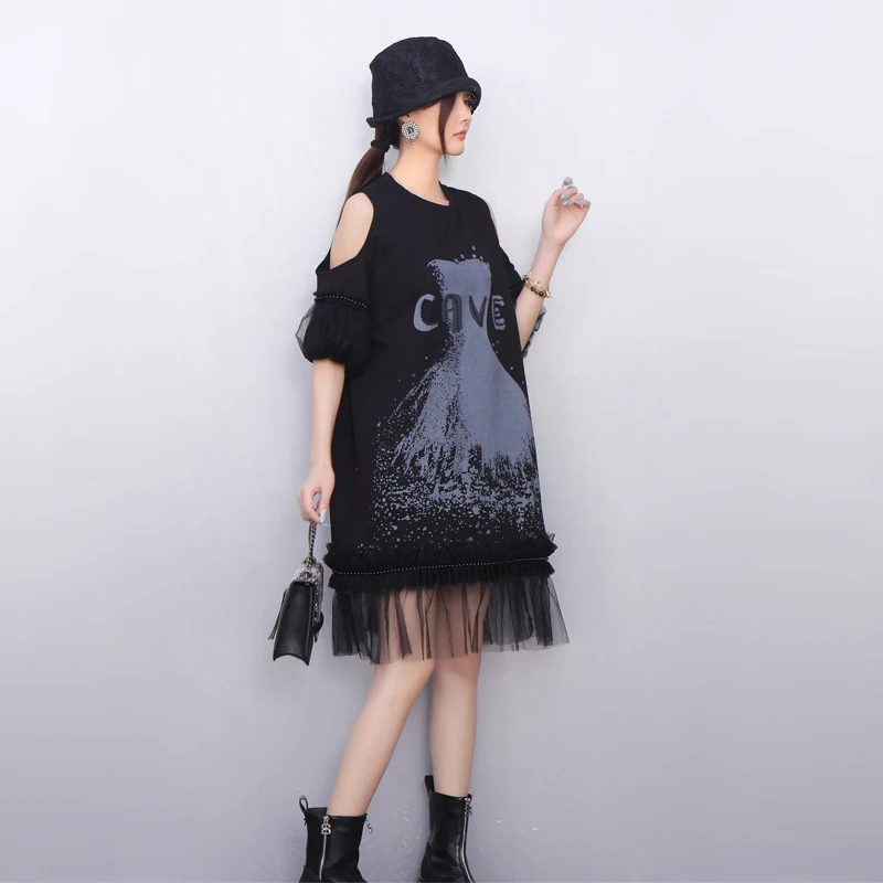 2025 Summer New Elegant Women Loose O-Neck Mesh Off Shoulder T-shirts Long Dresses Ladies Short Sleeve Dress Wholesale J1229