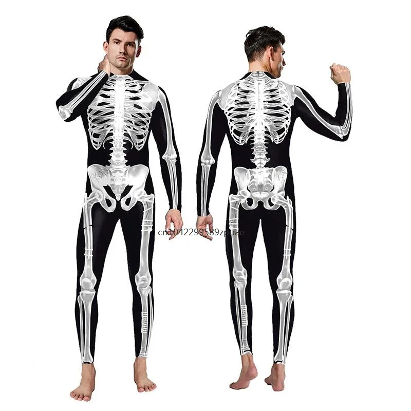 Männer Halloween Skelett Overall Zentai Anzug beängstigend 3D Schädel Cosplay Kostüm Halloween Karneval Verkleidung Punk Bodysuit Party tragen