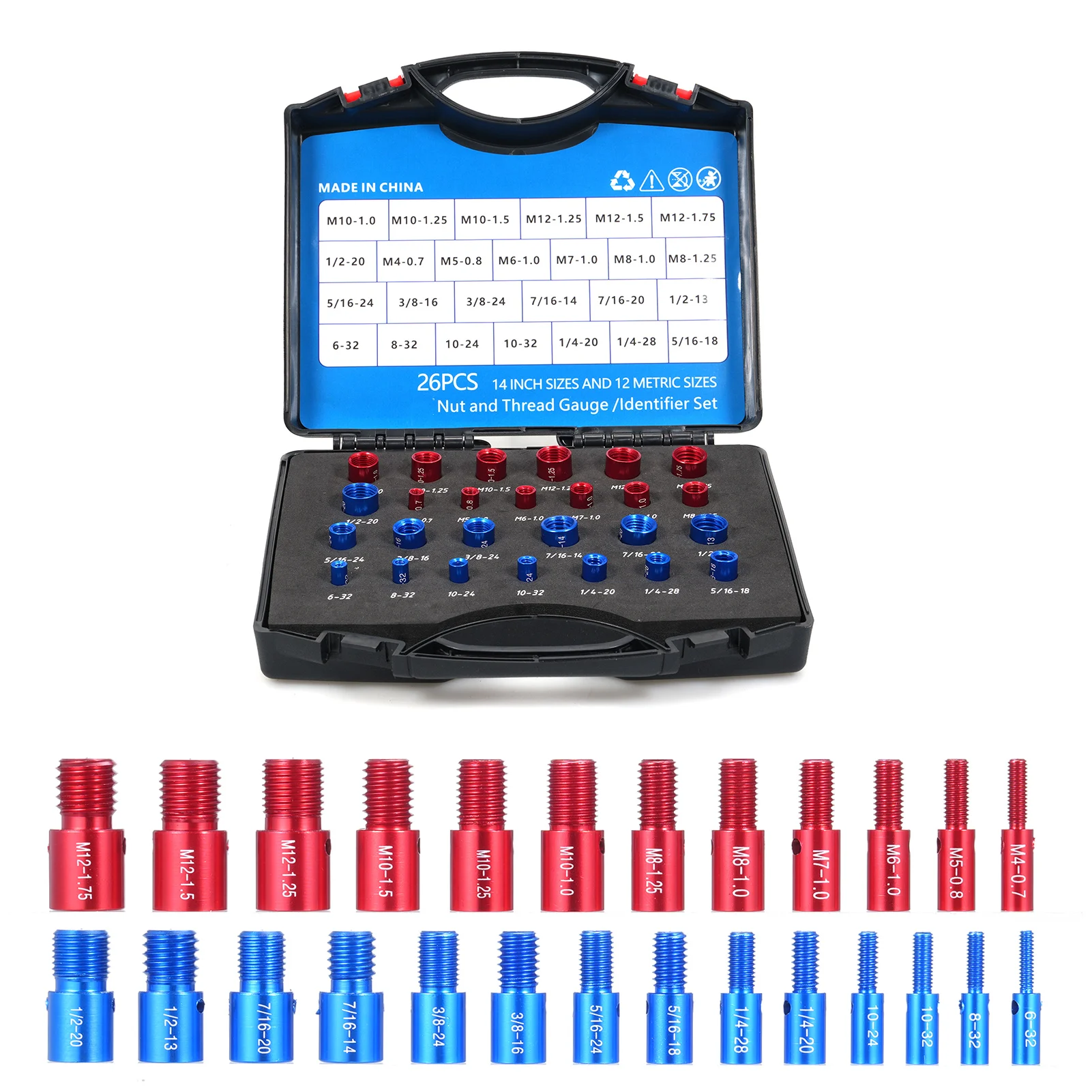 

26/44Pcs Thread Checker 44Pcs Nut and Bolt Gauges 26Pcs Male/Female Gauge Individually Housed in Case (23 Inch & 21 Metric)