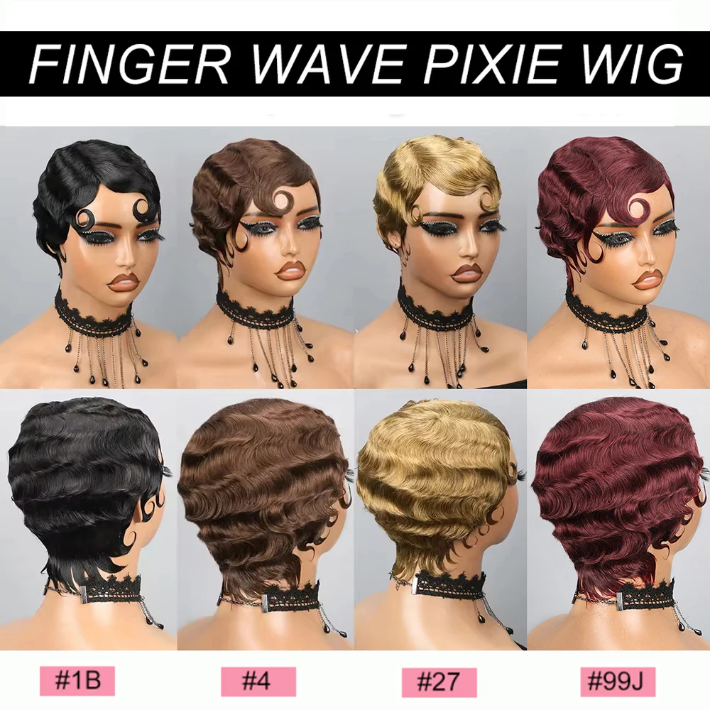 Burgundy 99J Pixie Cut Wig Human Hair Short Finger Wavy Wig Curly Black Cute Wig Real African Black Wigs for Women Mommy Wig
