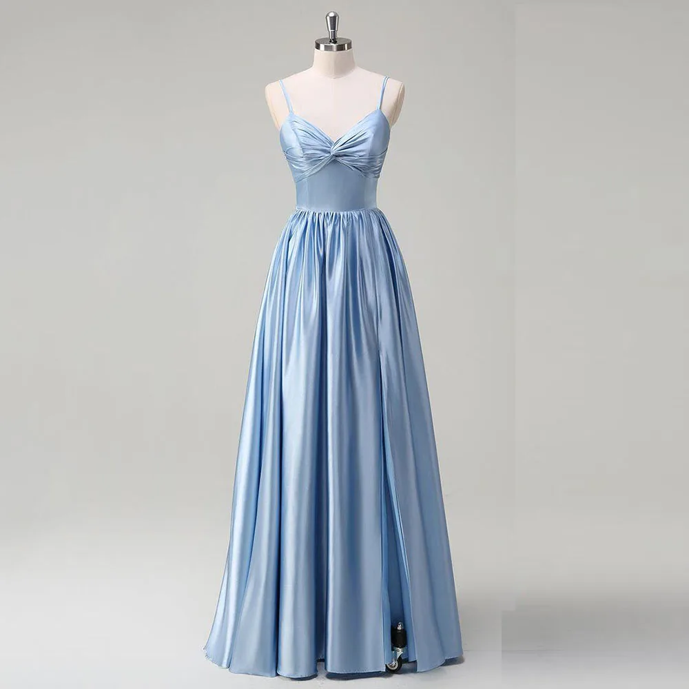 

Blue Simple Evening Dresses Women Strapless Sleeveless High Quality Floor Length Sweep Train A Line Pleat Banquet Female Gowns