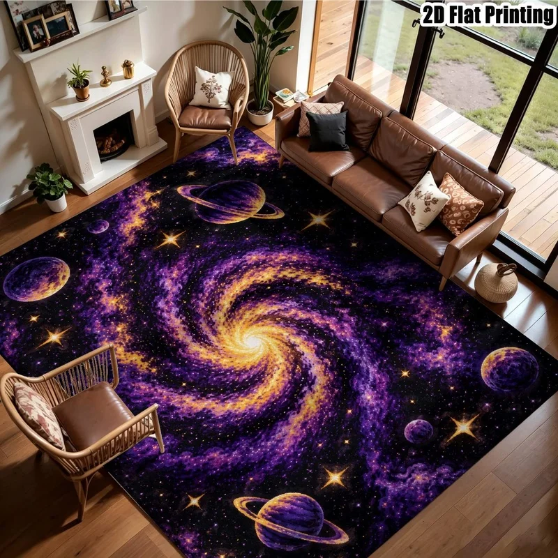 Large Indoor Area Rug, Soft Velvet Low Pile Machine Washable Galaxy Space Pattern Rug with Purple Gold Nebula and Planets, Great for Living Room Bedroom Floor Decor