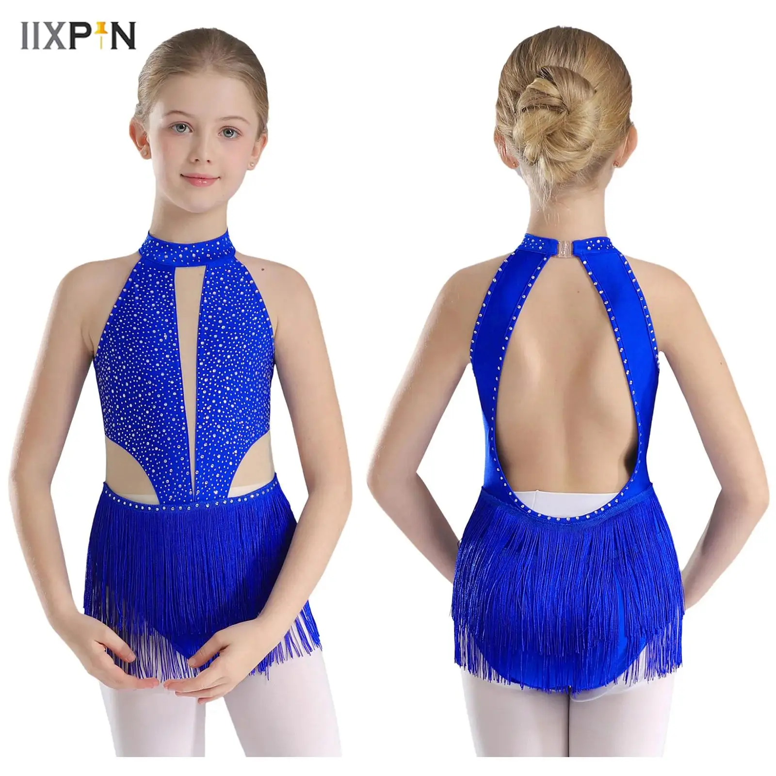

Kids Girls Fringed Latin Dance Dress Sleeveless Shiny Rhinestone Mesh Splice Leotard Gymnastics Ice Skating Performance Costume