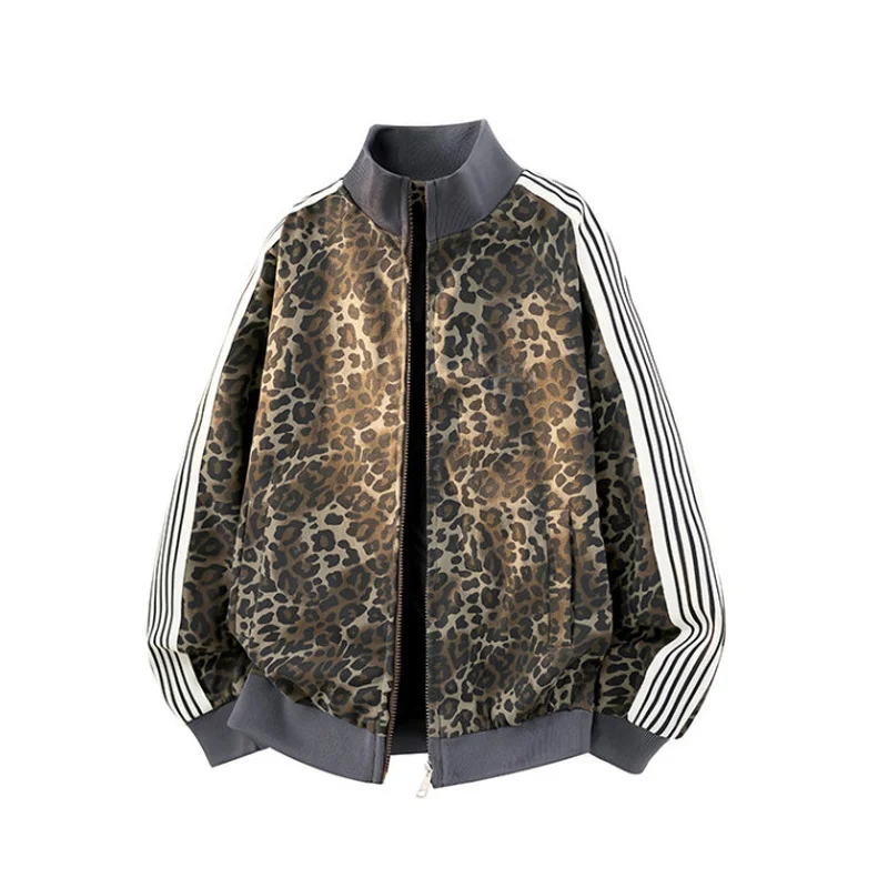QICHE Men Women 2026 Autumn Casual Outer Jacket Heavyweight Leopard Print Stand Collar Loose Open‑Front Top